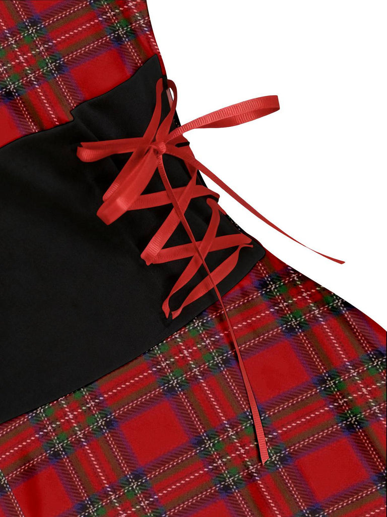 1950er Weihnachten Tartan Pelzbesatz High-Low Saum Kleid