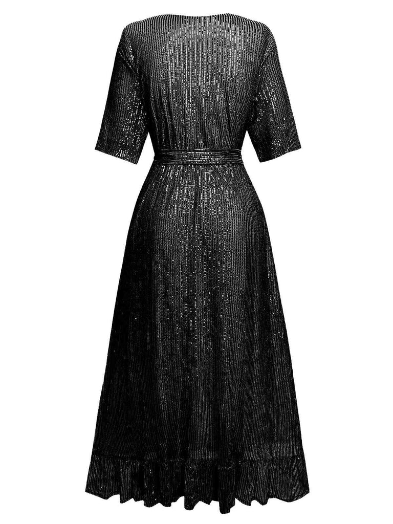 1930er V-Ausschnitt Pailletten Rüschensaum Kleid