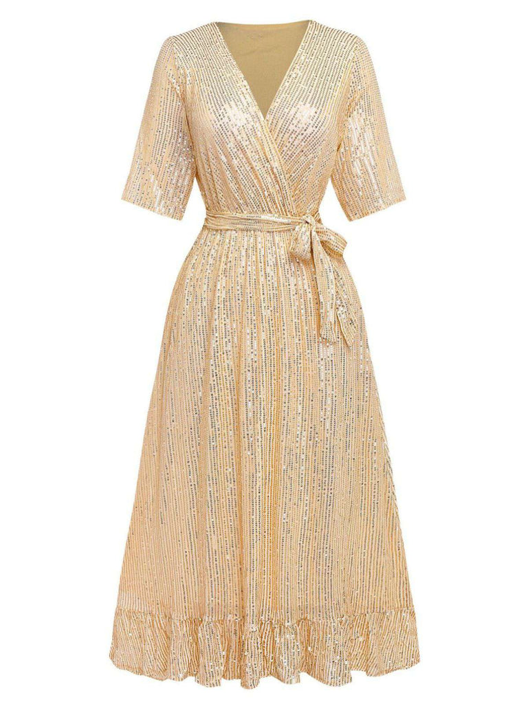 1930er V-Ausschnitt Pailletten Rüschensaum Kleid
