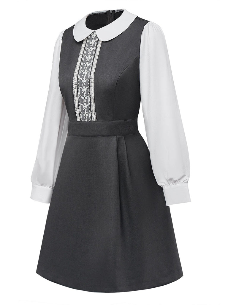 [Vorverkauf] Grau 1960er Bubikragen Spitze Falsch Zweiteilig Kleid