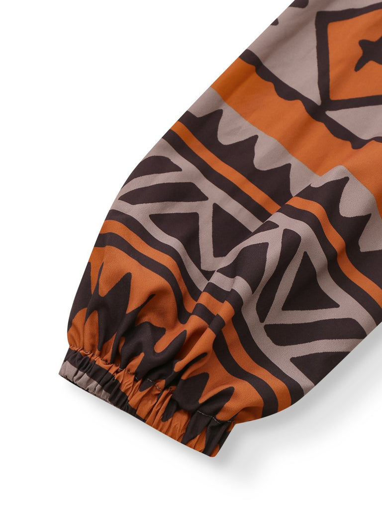 Braun 1970er Tief V-Ausschnitt Stammes Drucken Bohème Kleid