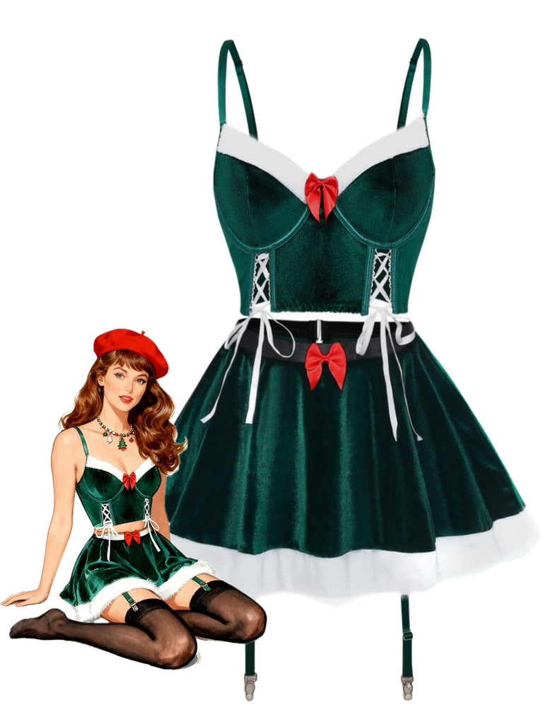 2PCS 1970 Weihnachten Samt Top & Rock Set