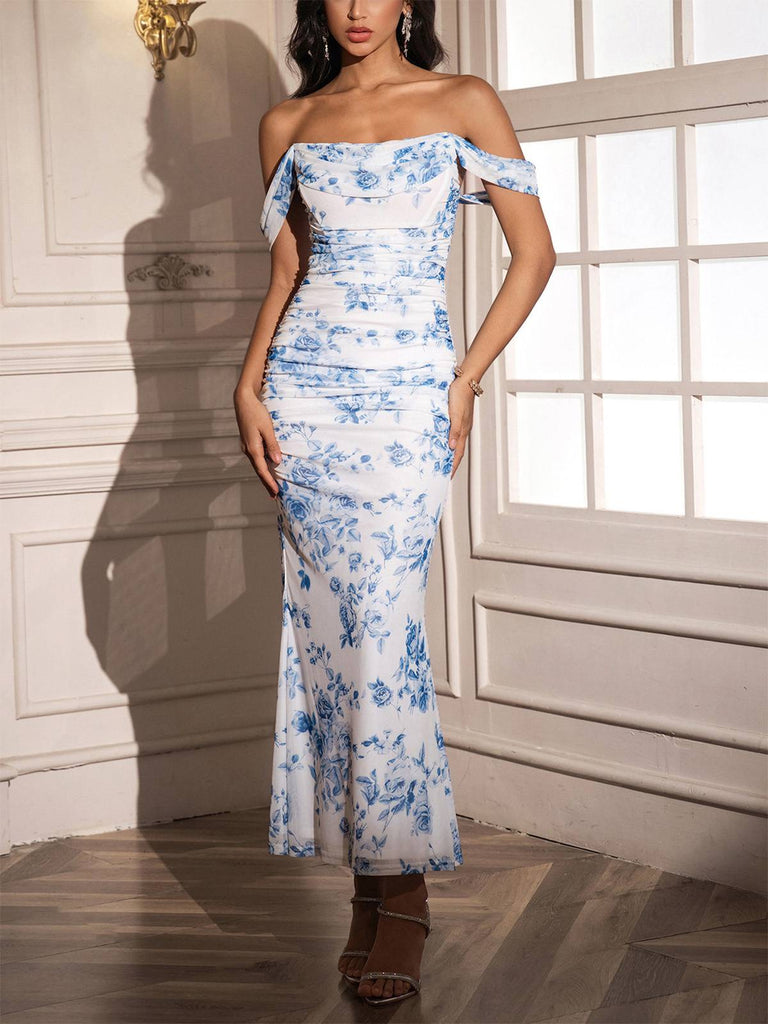 1980er Schulterfrei Blumen Netz Figurbetont Gerafft Kleid