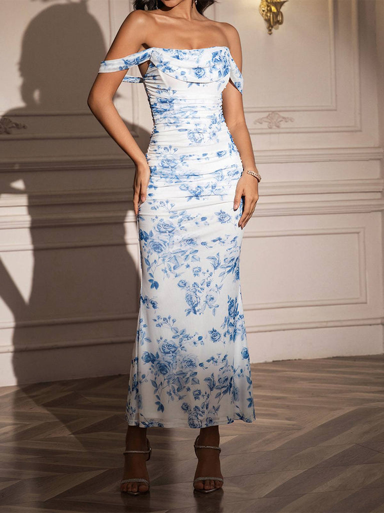1980er Schulterfrei Blumen Netz Figurbetont Gerafft Kleid