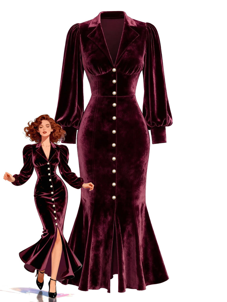 Grün 1930er Samt Perle Laternenärmel Meerjungfrauen Kleid