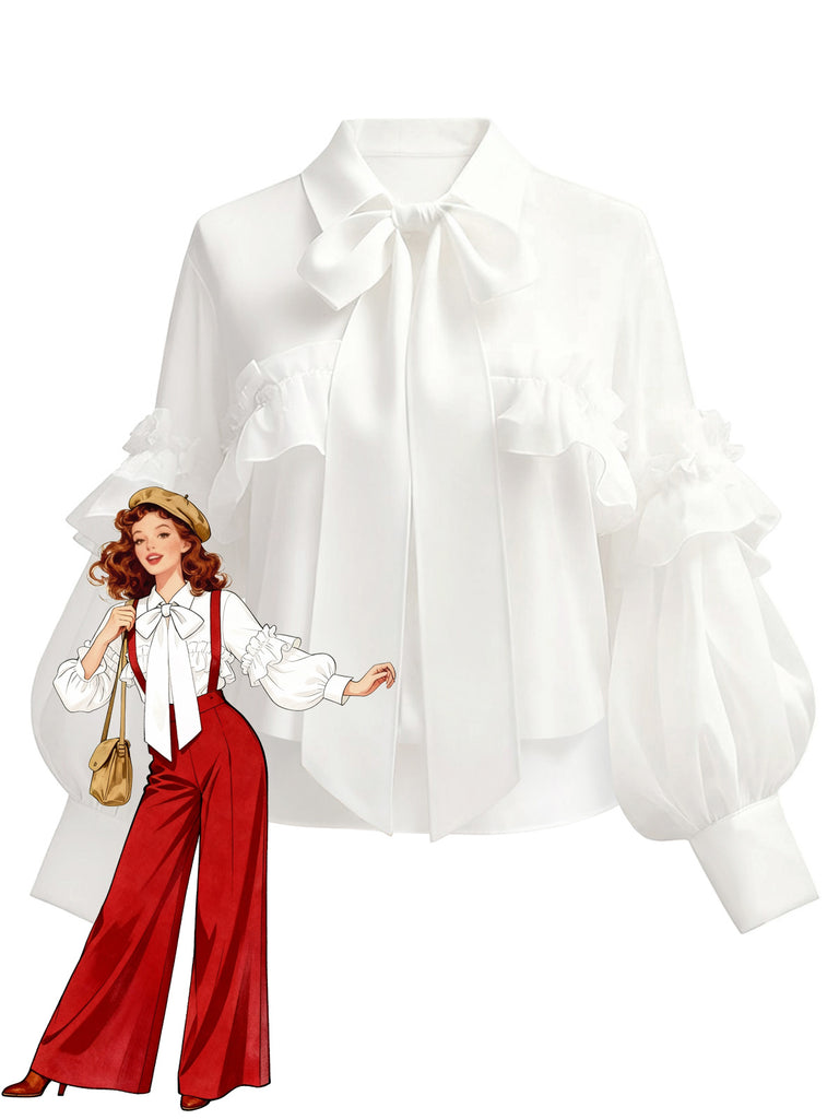 [Vorverkauf] Weiß 1940er Rüschen Laternenärmel Tie-Front Bluse