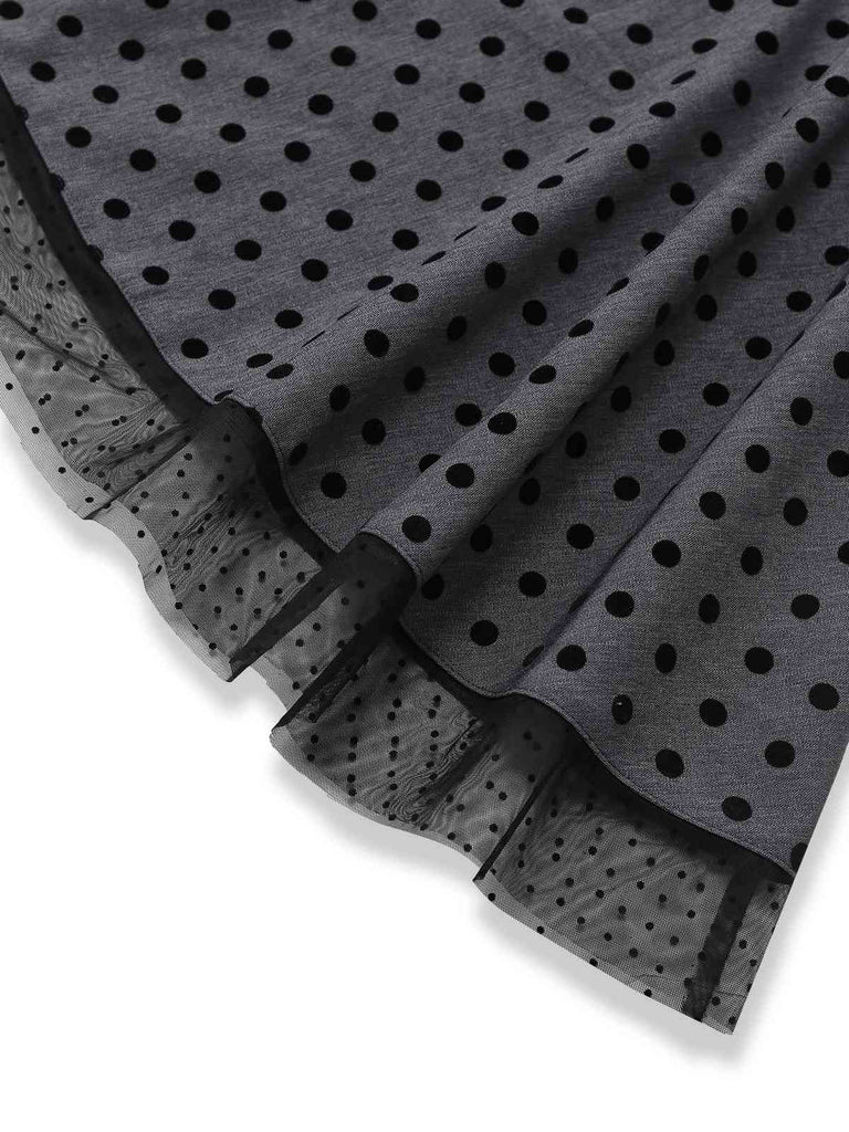 [Vorverkauf] Grau 1960er Bogen Netz Patchwork Polka Punkte Kleid
