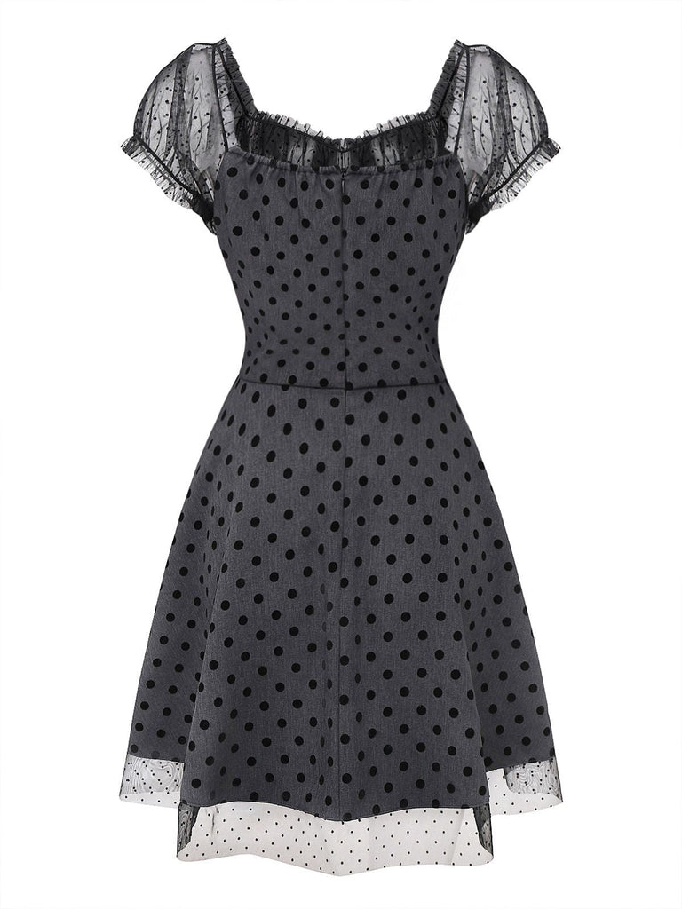 [Vorverkauf] Grau 1960er Bogen Netz Patchwork Polka Punkte Kleid
