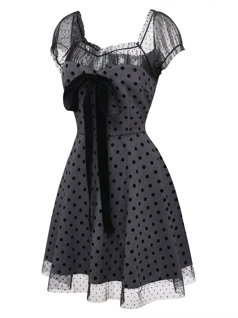 [Vorverkauf] Grau 1960er Bogen Netz Patchwork Polka Punkte Kleid