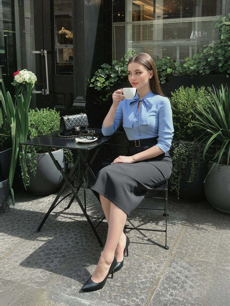 Blau 1930er Bogen Schleife Gürtel Bleistift Kleid