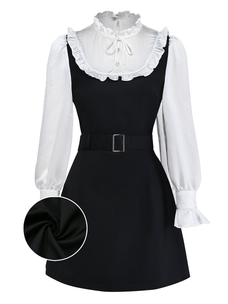 [Vorverkauf] Schwarz 1960er Rüschen Bogen Schleife Gürtel Kleid