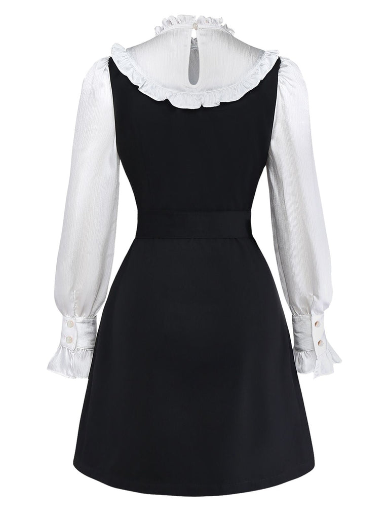 [Vorverkauf] Schwarz 1960er Rüschen Bogen Schleife Gürtel Kleid