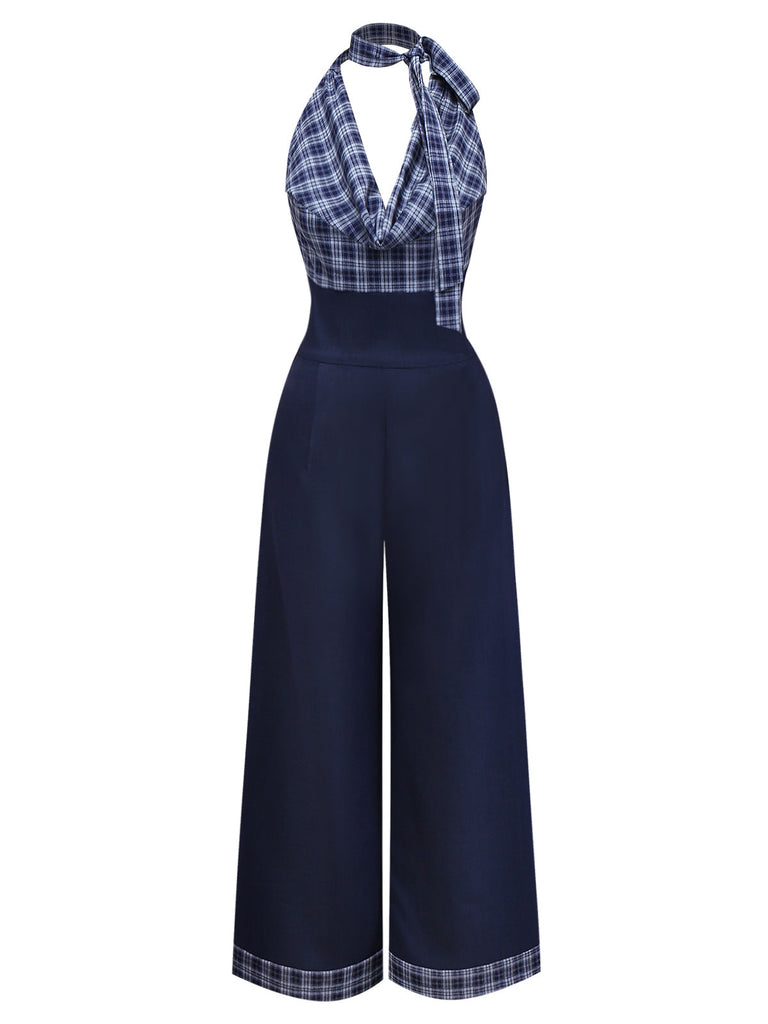 [Vorverkauf] Dunkelblau 1940er Halter Wasserfallkragen Kariert Jumpsuit