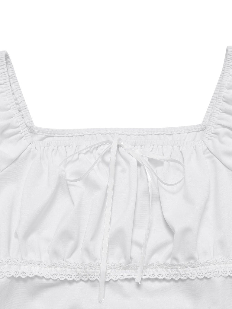 [Vorverkauf] 2PCS Weiß 1940er Spitze Gerafft Top & Denim Bogen Rock