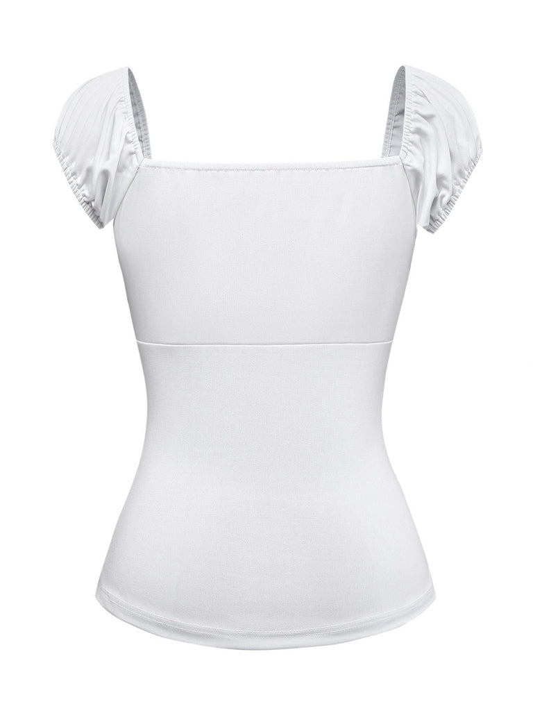 [Vorverkauf] 2PCS Weiß 1940er Spitze Gerafft Top & Denim Bogen Rock