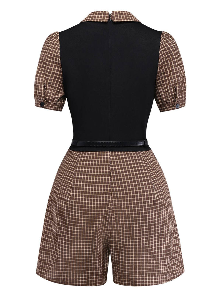 [Vorverkauf] Braun 1940er Kariert Stricken Seite Revers Gürtel Romper