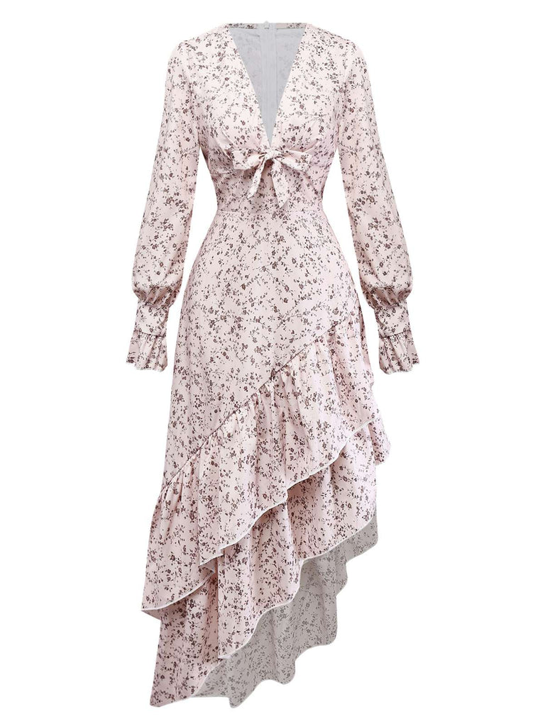 Mehrfarbig 1940er Blumen V-Ausschnitt Unregelmäßig Rüschen Saum Kleid