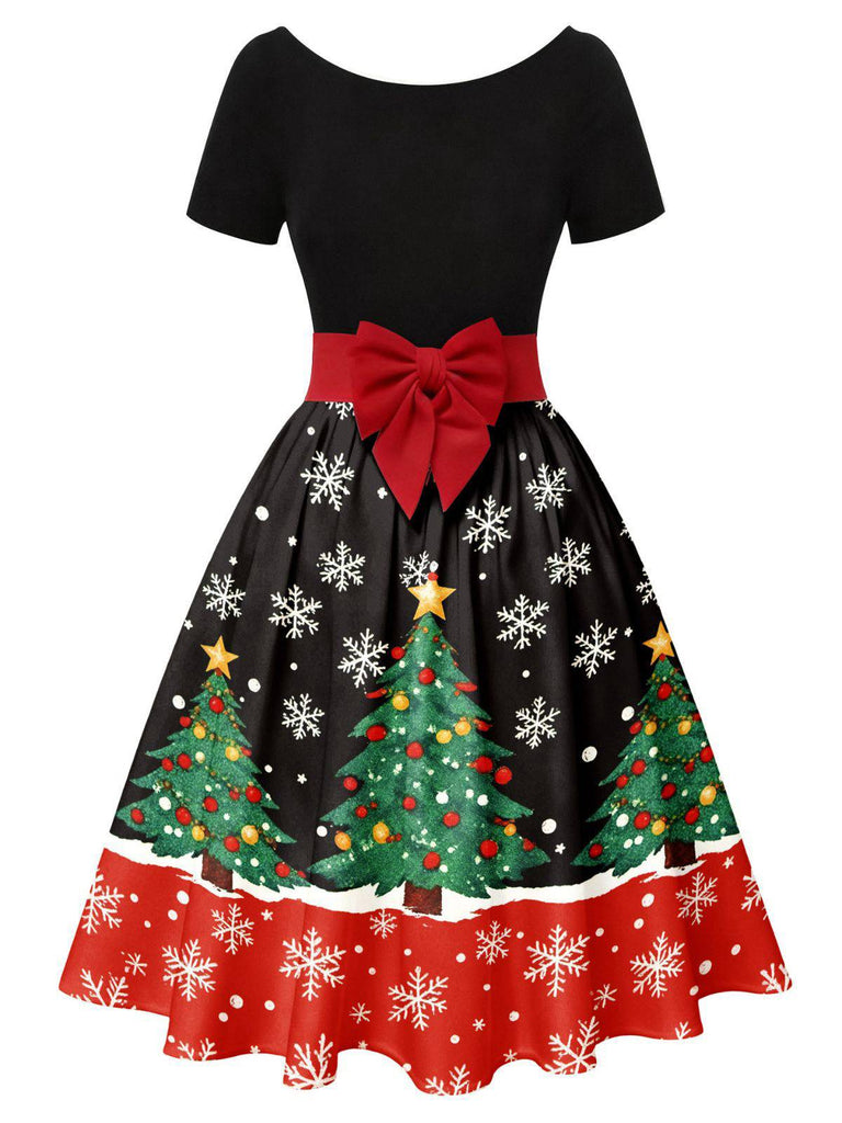 1950er Weihnachtsbaum Patchwork Bogen Gürtel Swing Kleid