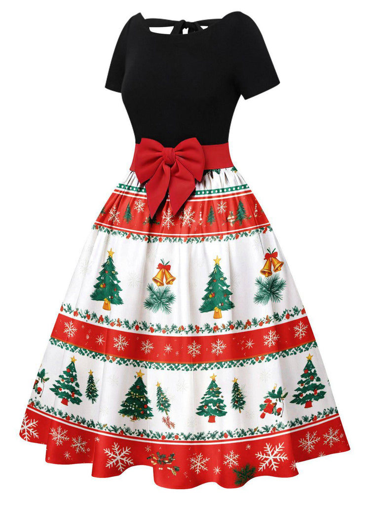 1950er Weihnachtsbaum Patchwork Bogen Gürtel Swing Kleid
