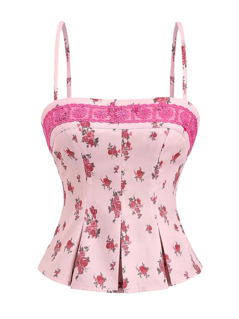Rosa 1960er Blumen Spitze Patchwork Plissiertes Unterhemd