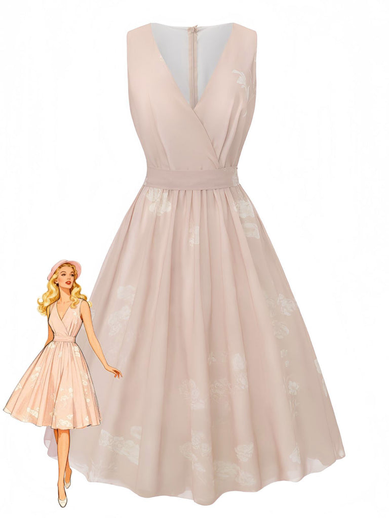 Rosa 1940er V-Ausschnitt Blumen Gürtel Ärmelloses Kleid