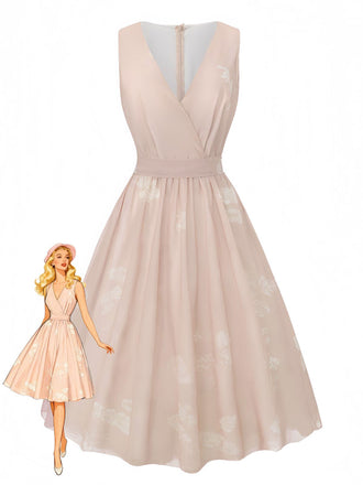 Rosa 1940er V-Ausschnitt Blumen Gürtel Ärmelloses Kleid