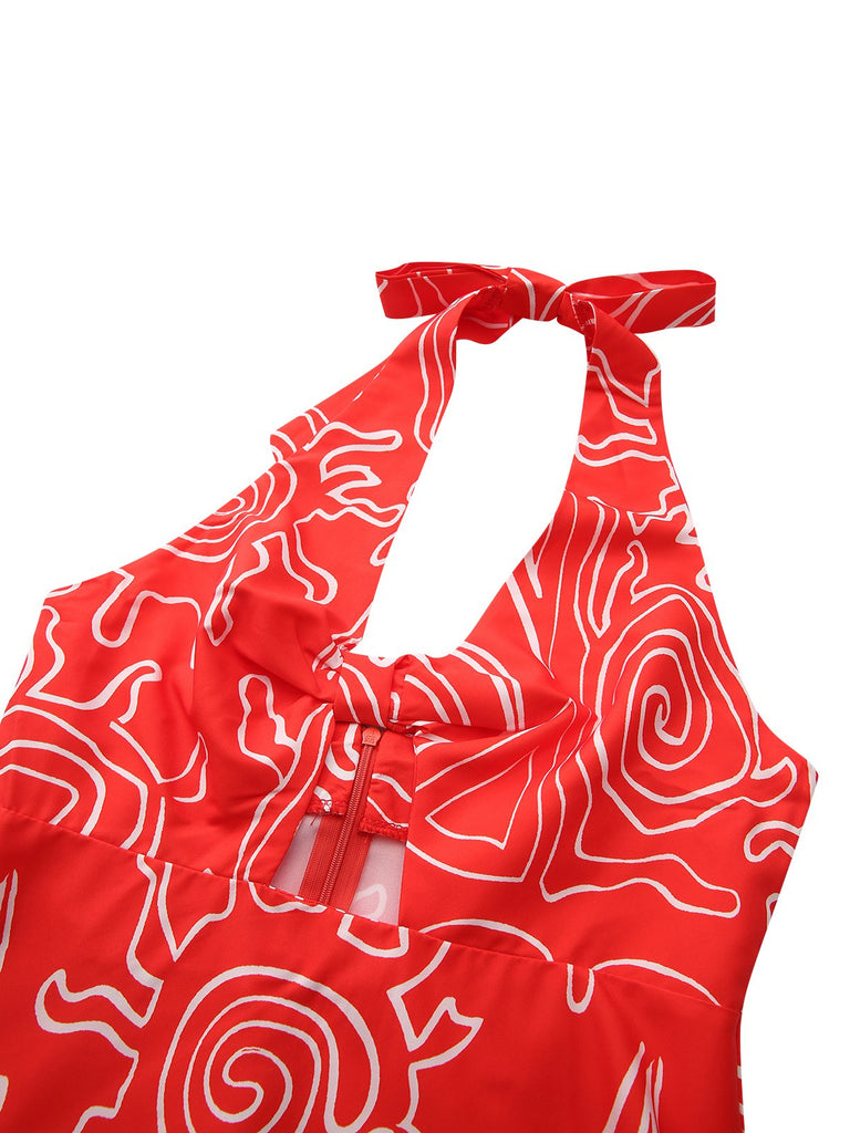 Rot 1960er Abstraktes Muster Cutout Twist Halter Kleid
