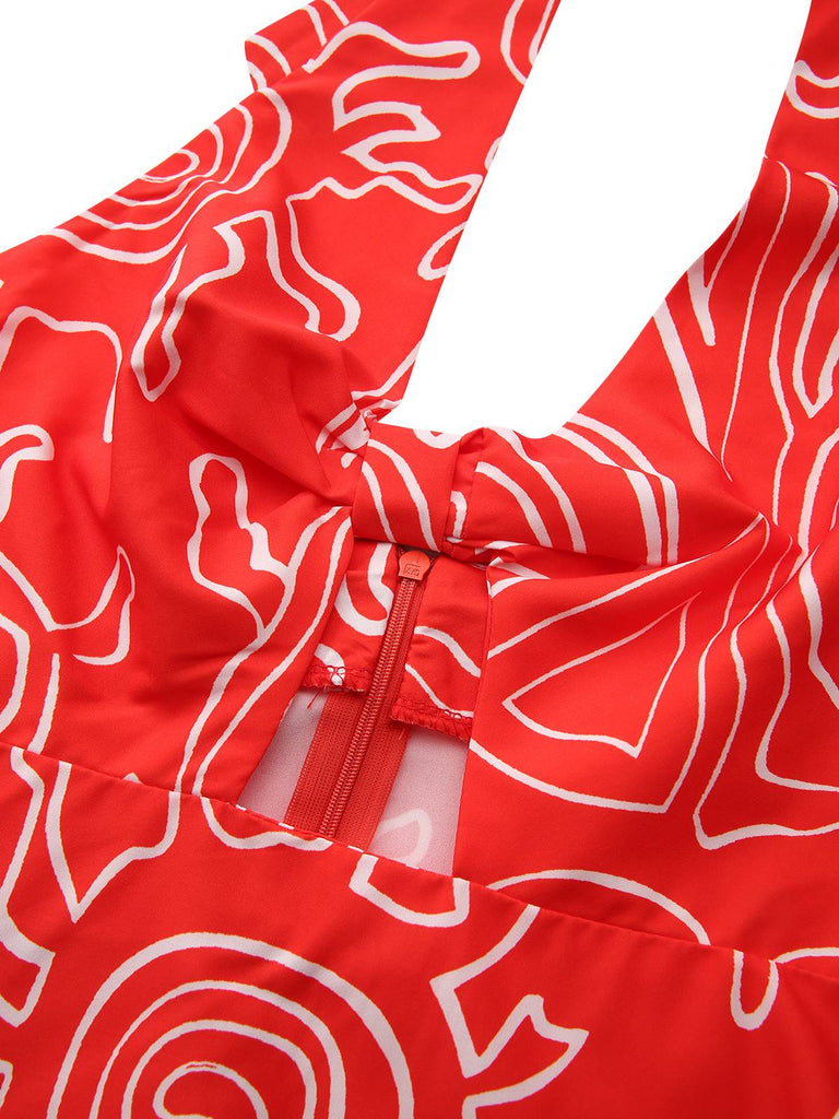 Rot 1960er Abstraktes Muster Cutout Twist Halter Kleid