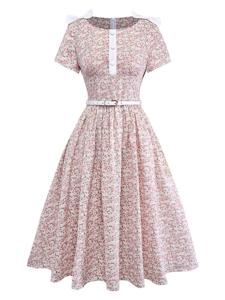 [Vorverkauf] Rosa 1940er Kleingemustert Blumen Bogen Gürtel Kleid