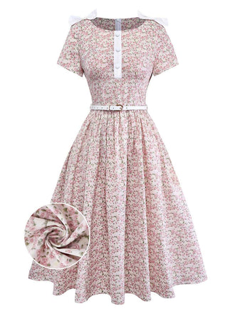 [Vorverkauf] Rosa 1940er Kleingemustert Blumen Bogen Gürtel Kleid