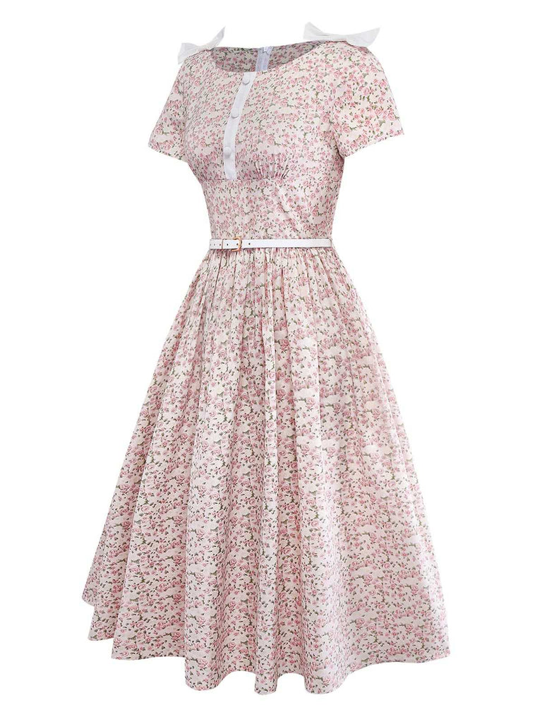 [Vorverkauf] Rosa 1940er Kleingemustert Blumen Bogen Gürtel Kleid