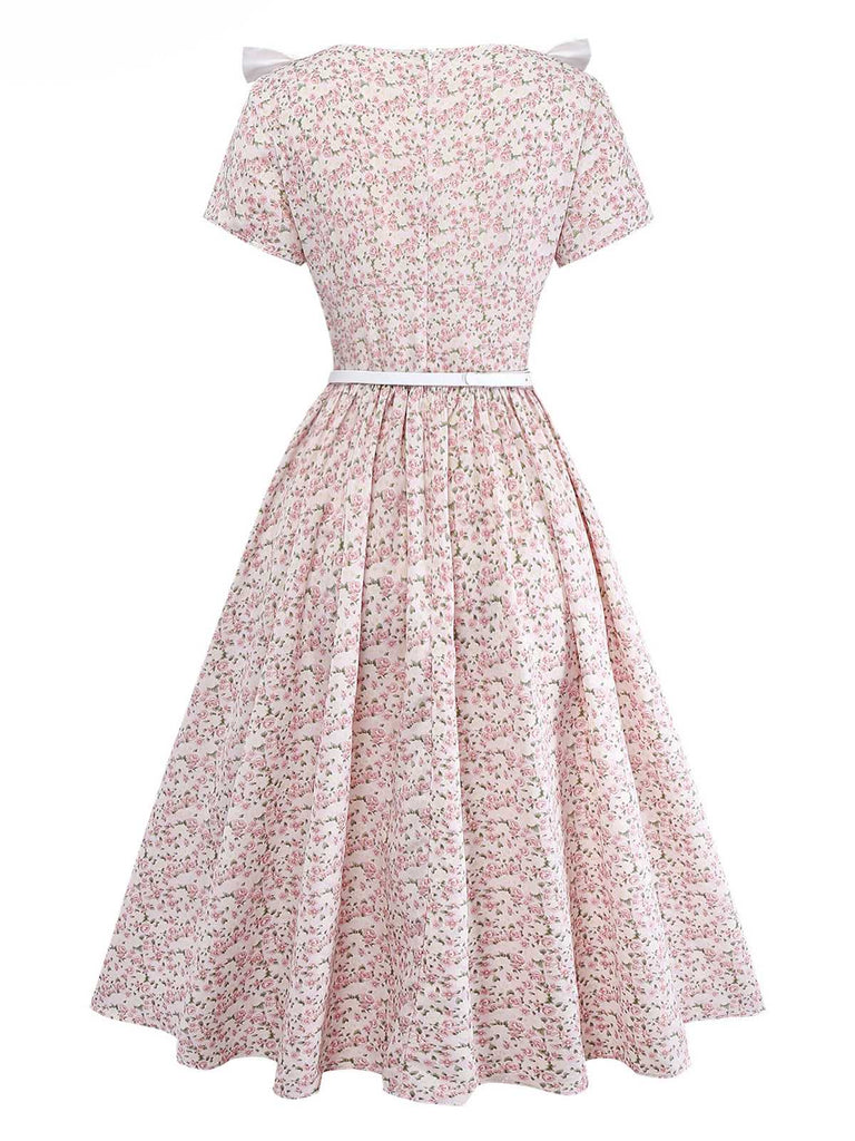 [Vorverkauf] Rosa 1940er Kleingemustert Blumen Bogen Gürtel Kleid