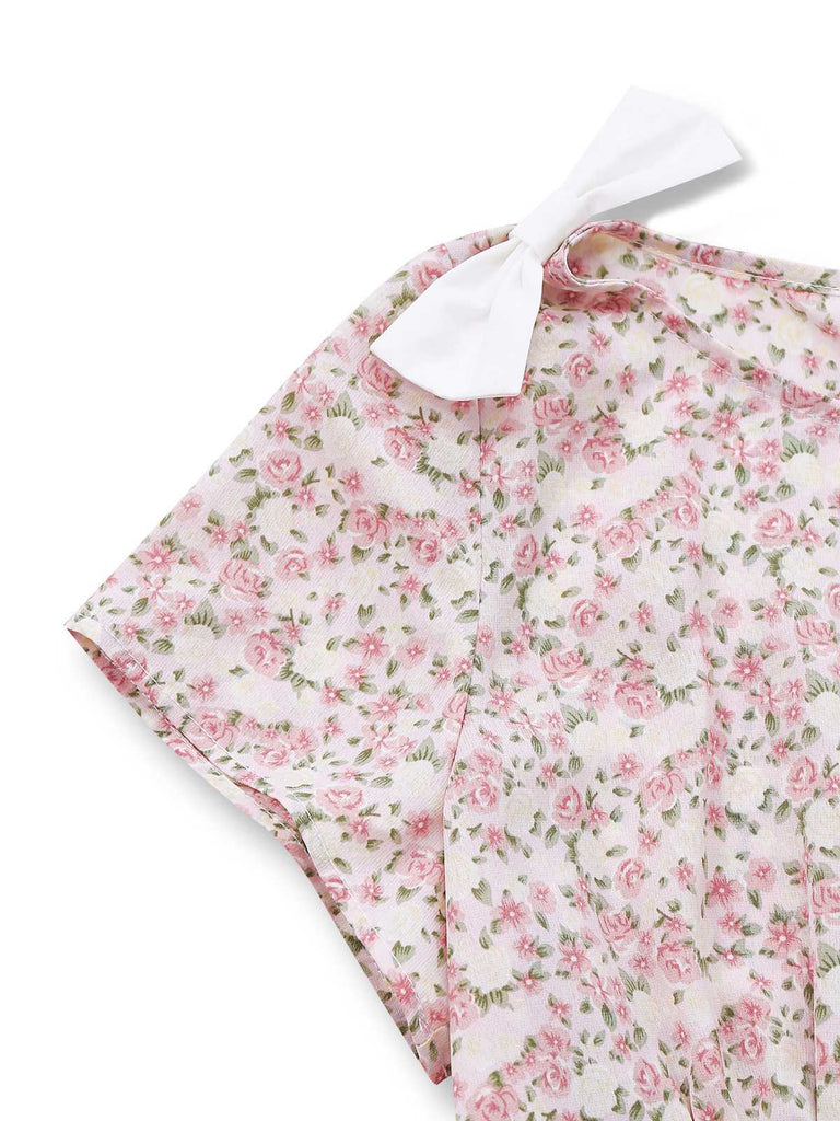 [Vorverkauf] Rosa 1940er Kleingemustert Blumen Bogen Gürtel Kleid