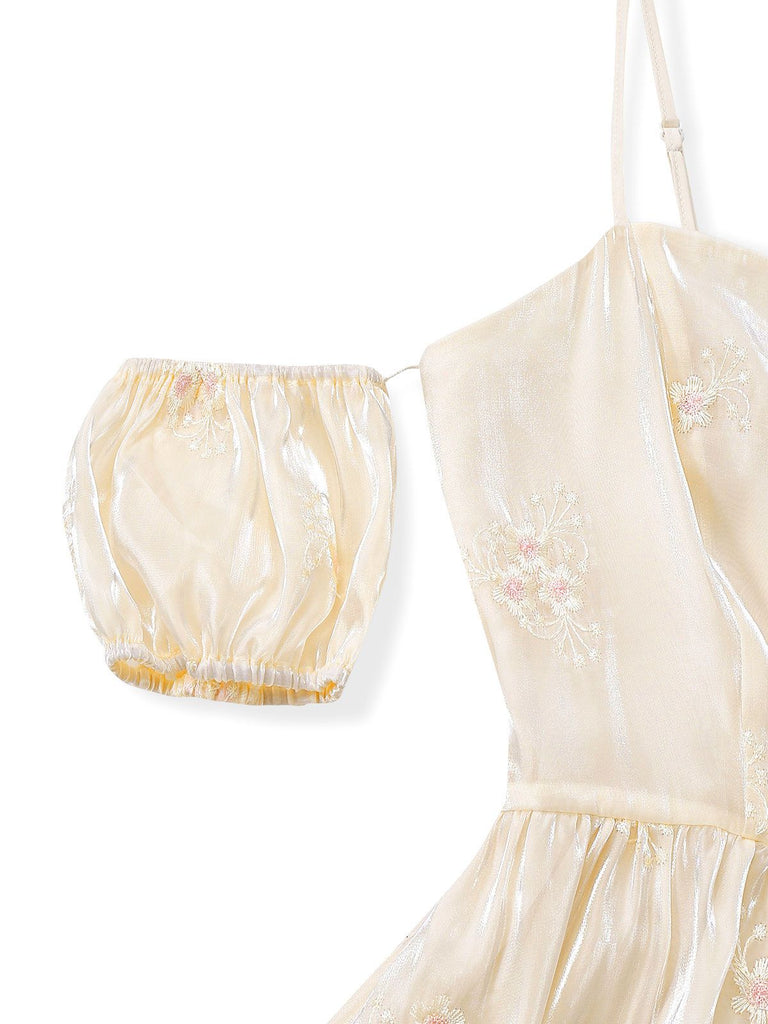 [Vorverkauf] Weiß 1950er Bestickt Puffärmel Organza Kleid