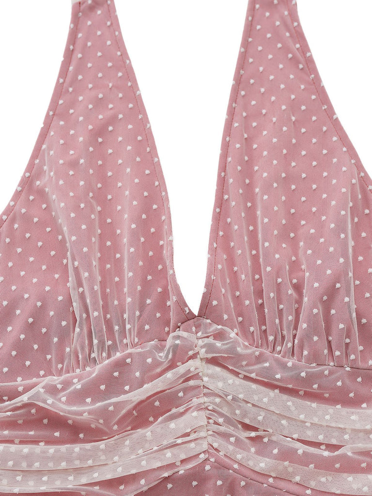 [Vorverkauf] Rosa 1930er Polka Punkte Netz V-Ausschnitt Kleid