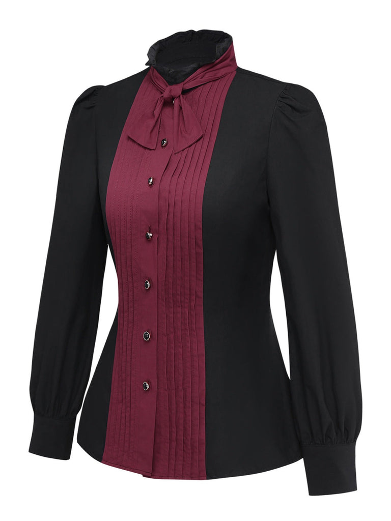 [Vorverkauf] Schwarz 1940er Baumwolle Falten Plissiertes Bogen Bluse