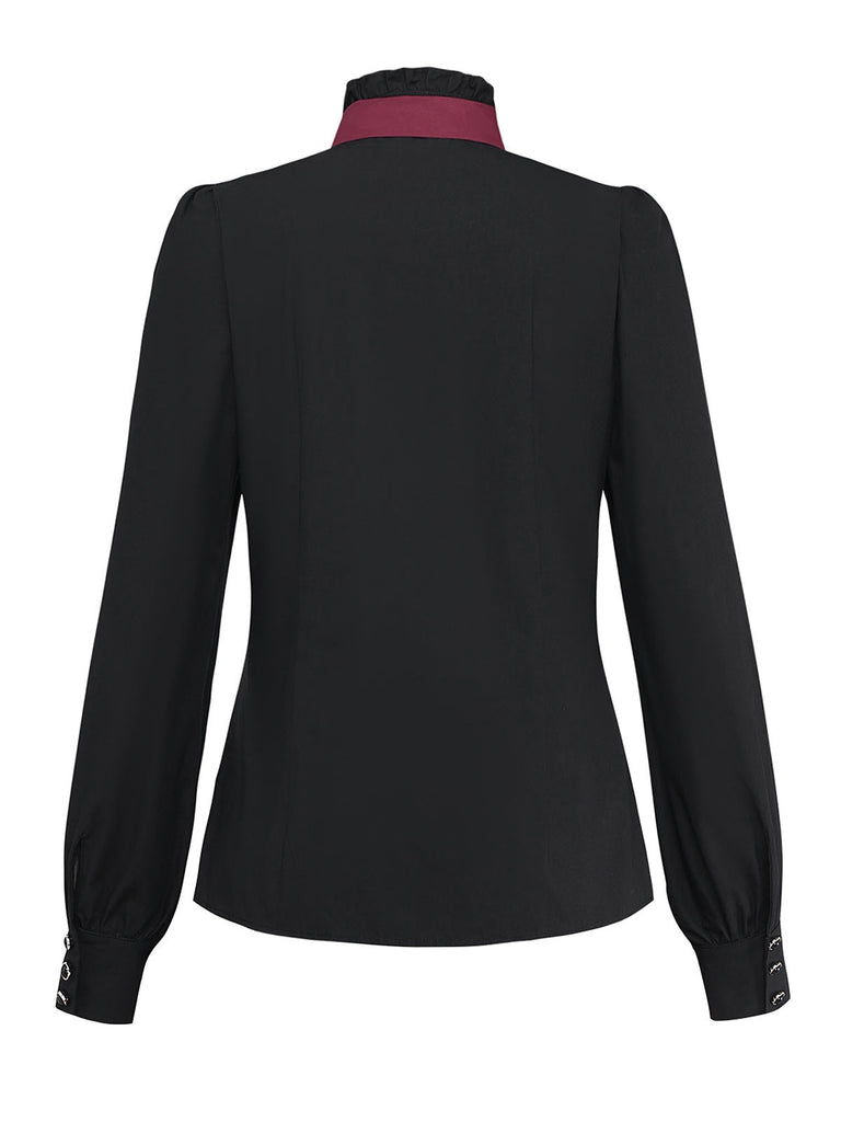 [Vorverkauf] Schwarz 1940er Baumwolle Falten Plissiertes Bogen Bluse