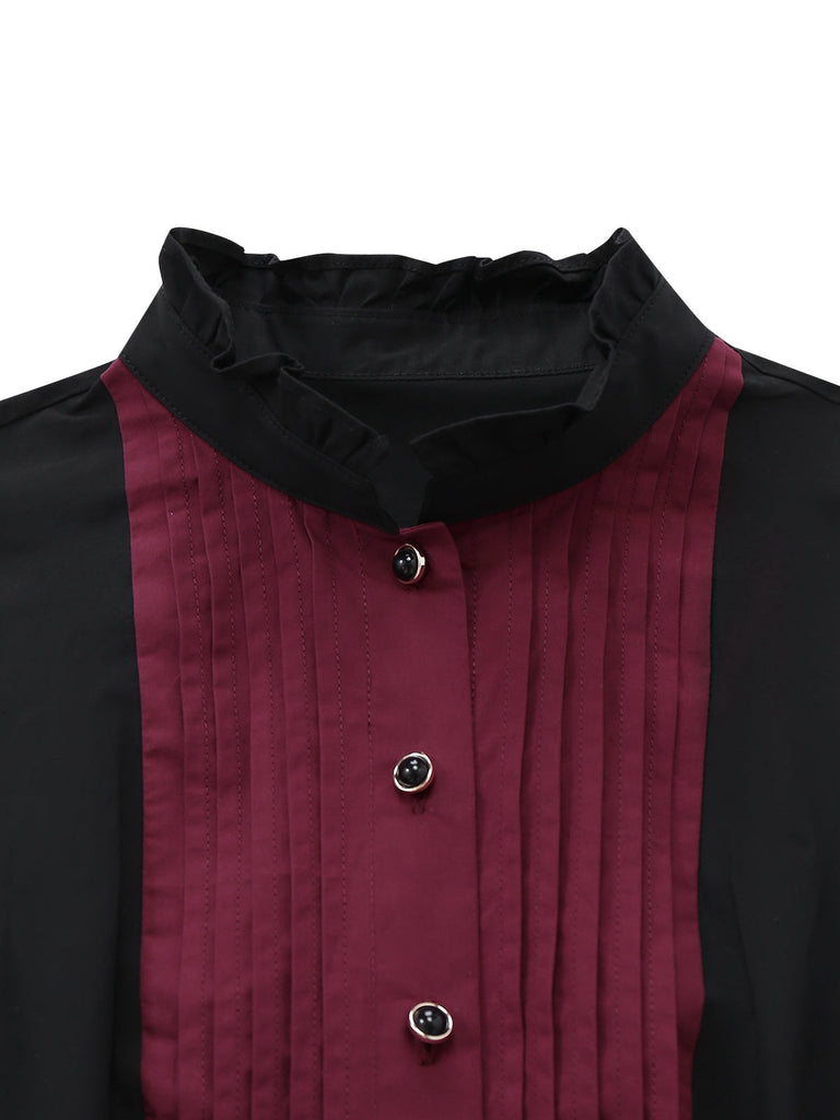 [Vorverkauf] Schwarz 1940er Baumwolle Falten Plissiertes Bogen Bluse