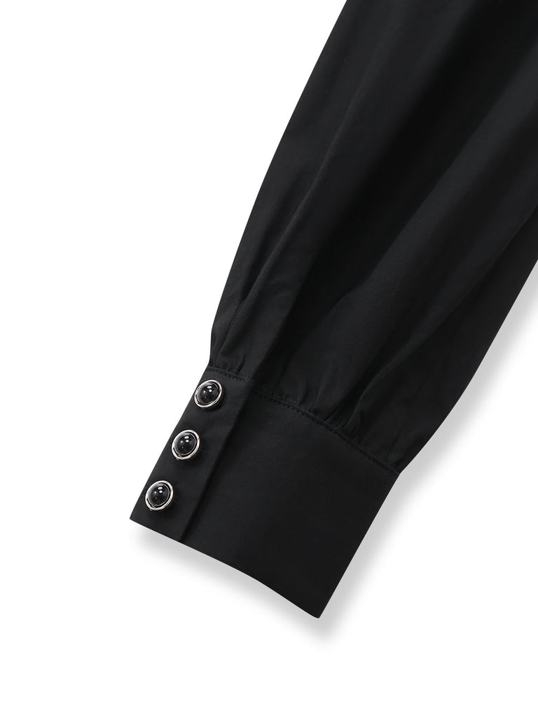 [Vorverkauf] Schwarz 1940er Baumwolle Falten Plissiertes Bogen Bluse