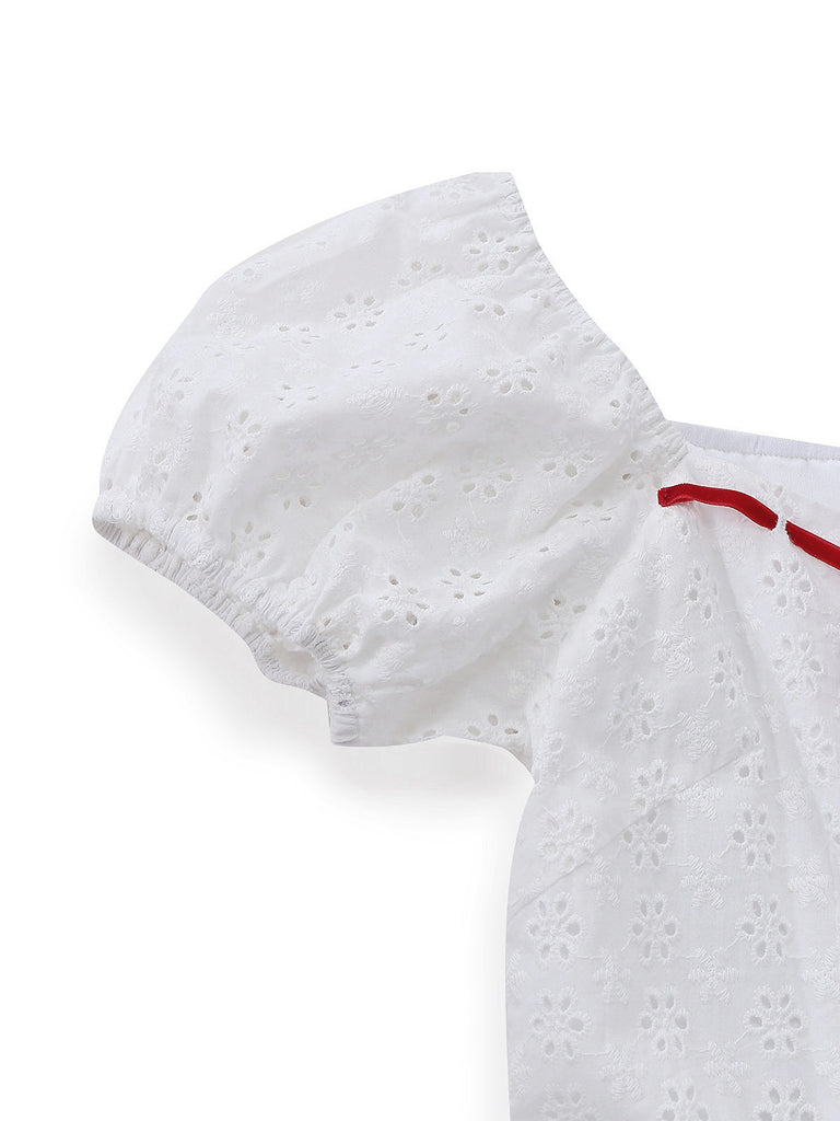 [Vorverkauf] Weiß 1960er Baumwolle Bestickt Bogen Puffärmel Kleid