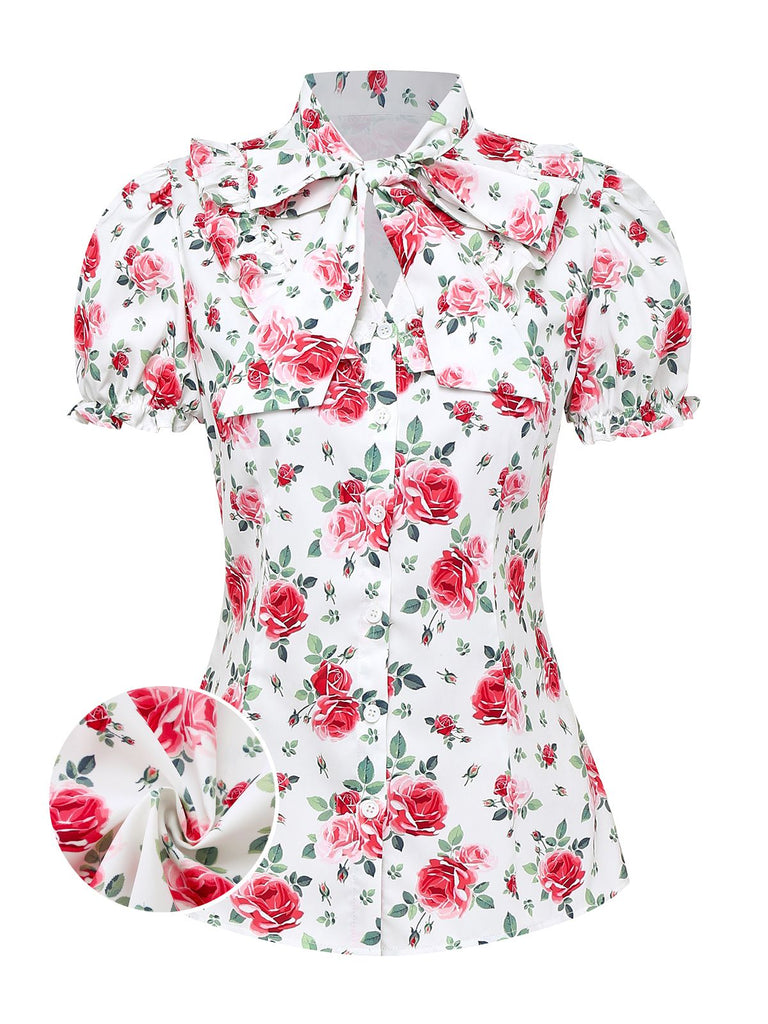 [Vorverkauf] Weiß 1950er Blumen Schleife Puffärmel Bluse