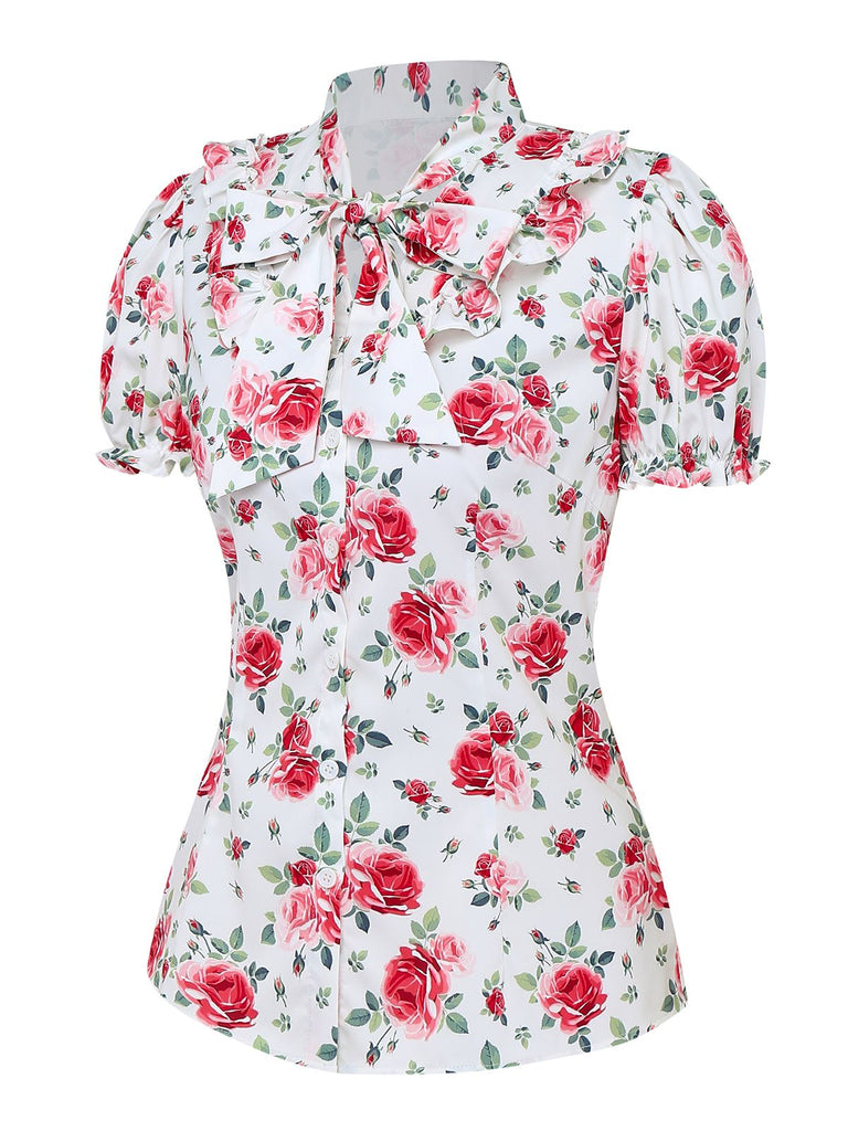[Vorverkauf] Weiß 1950er Blumen Schleife Puffärmel Bluse