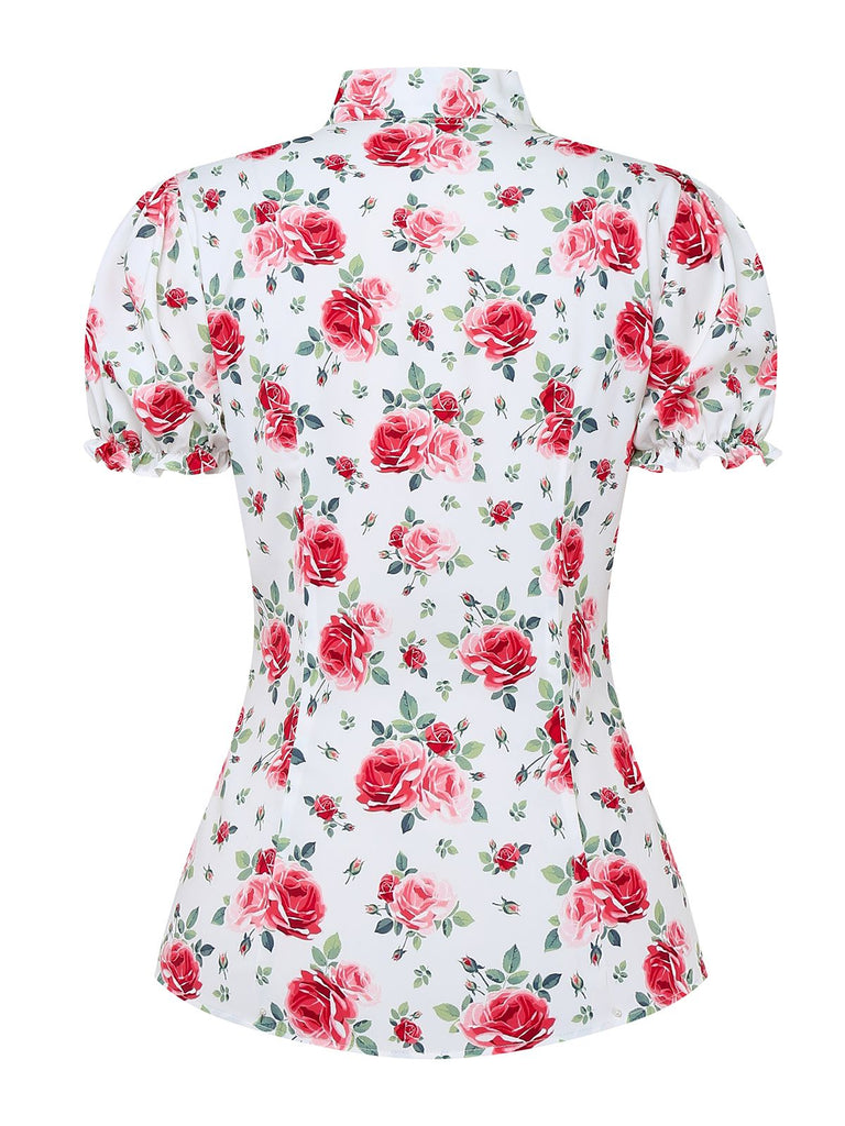 [Vorverkauf] Weiß 1950er Blumen Schleife Puffärmel Bluse