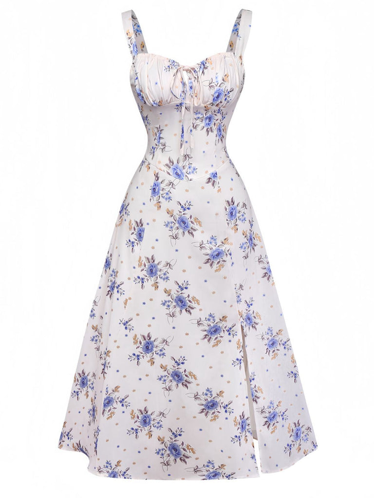 Beige 1950er Blumen Schnürung Seitenschlitz Kleid