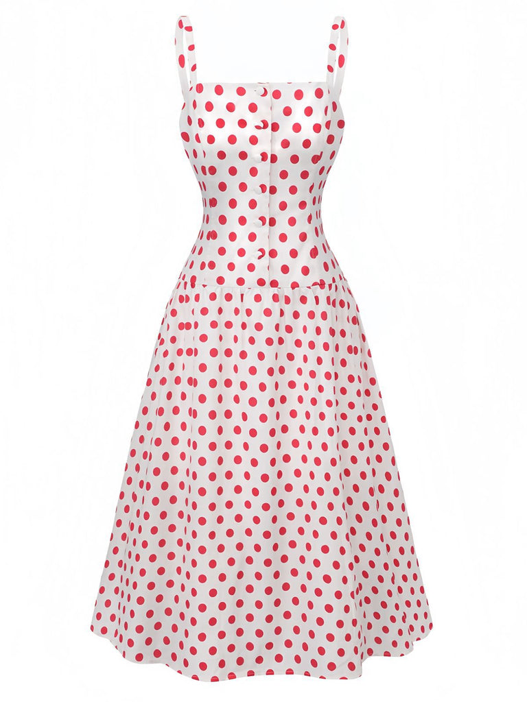 Rot 1950er Polka Punkte Quadratischer Hals Breit Träger Kleid