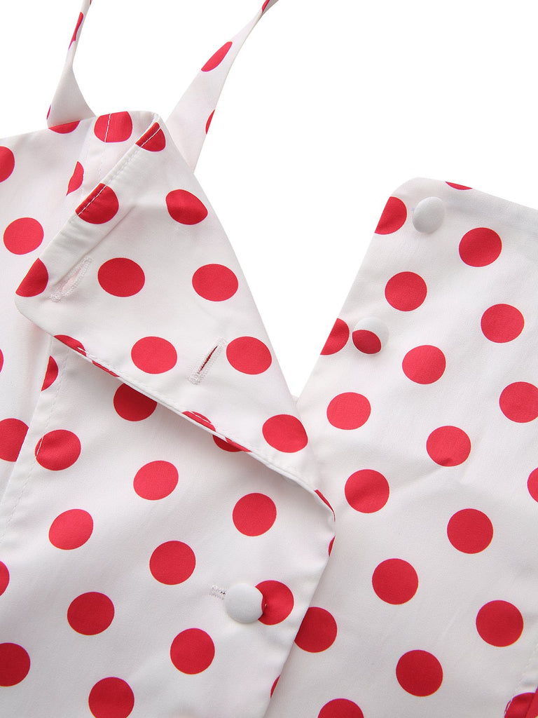 Rot 1950er Polka Punkte Quadratischer Hals Breit Träger Kleid