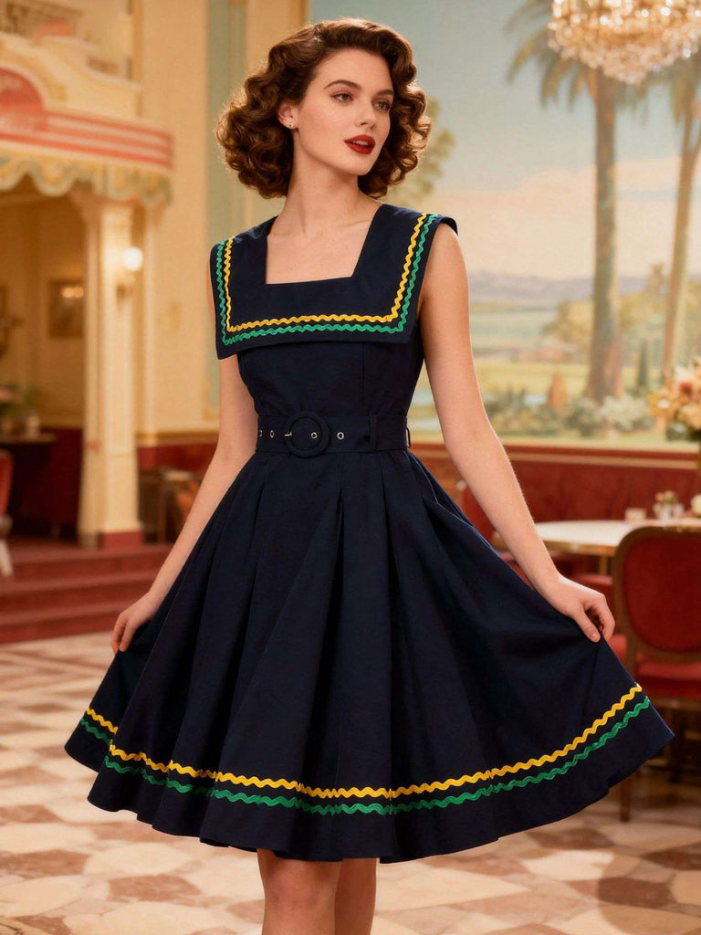 Marineblau 1950er Quadratischer Hals Wellig Streifen Ärmellos Kleid