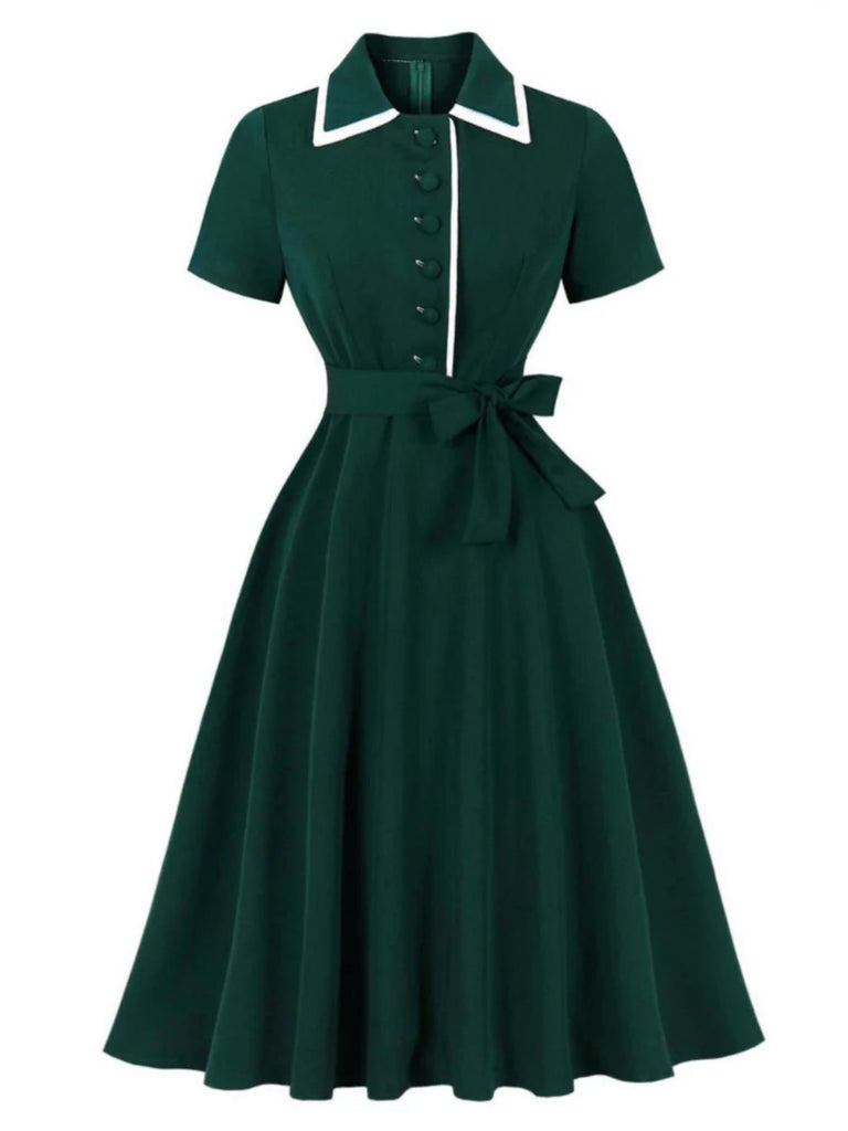 Dunkelgrün 1950er Kontrastierend Revers Swing Kleid