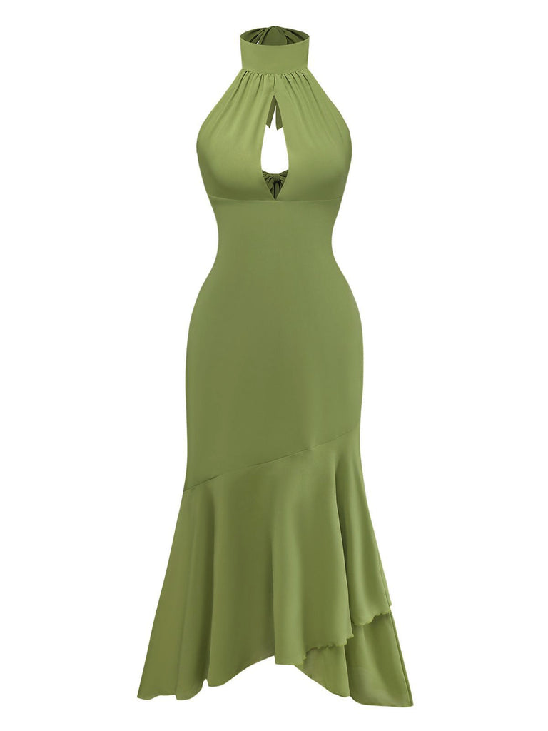 Grün 1930er Halter Netz Rückenfrei Chiffon Midi Kleid
