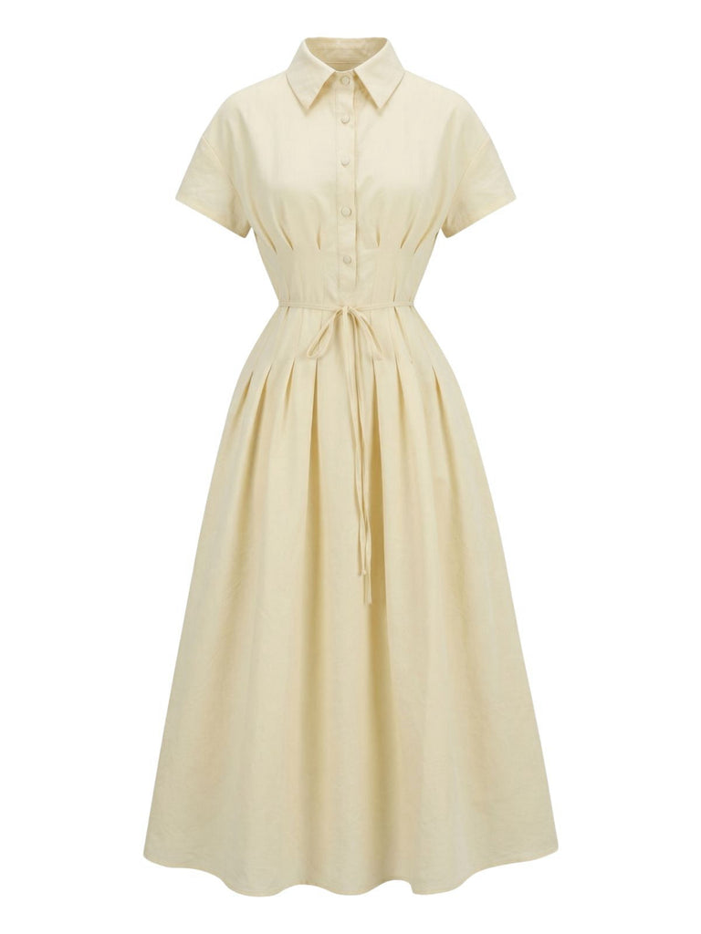 Gelb 1940er Taillenbindung Knopf Hemd Kragen Kleid
